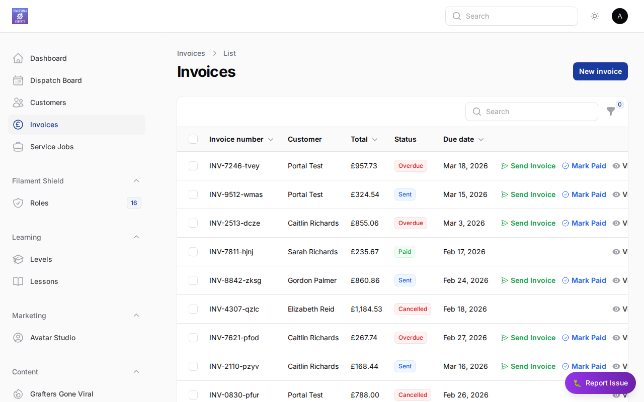 Invoice list in TradePilot